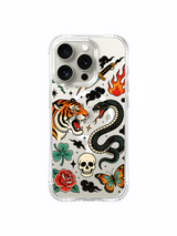 Tiger and serpent duel with rounded clouds and blooming rose artwork on an iPhone 15 Pro case