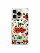 PhoneCasing iPhone 15 pro Case rounded hilt dagger, multiple scattered shamrocks, minimal star layout and full ripe fiery cherries, slim anti-slip fitting iPhone 15 pro casing.
