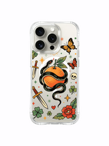 PhoneCasing iPhone 15 pro Case rounded hilt dagger, multiple scattered shamrocks, minimal star layout and full ripe orange with coiled snake, slim anti-slip fitting iPhone 15 pro casing.
