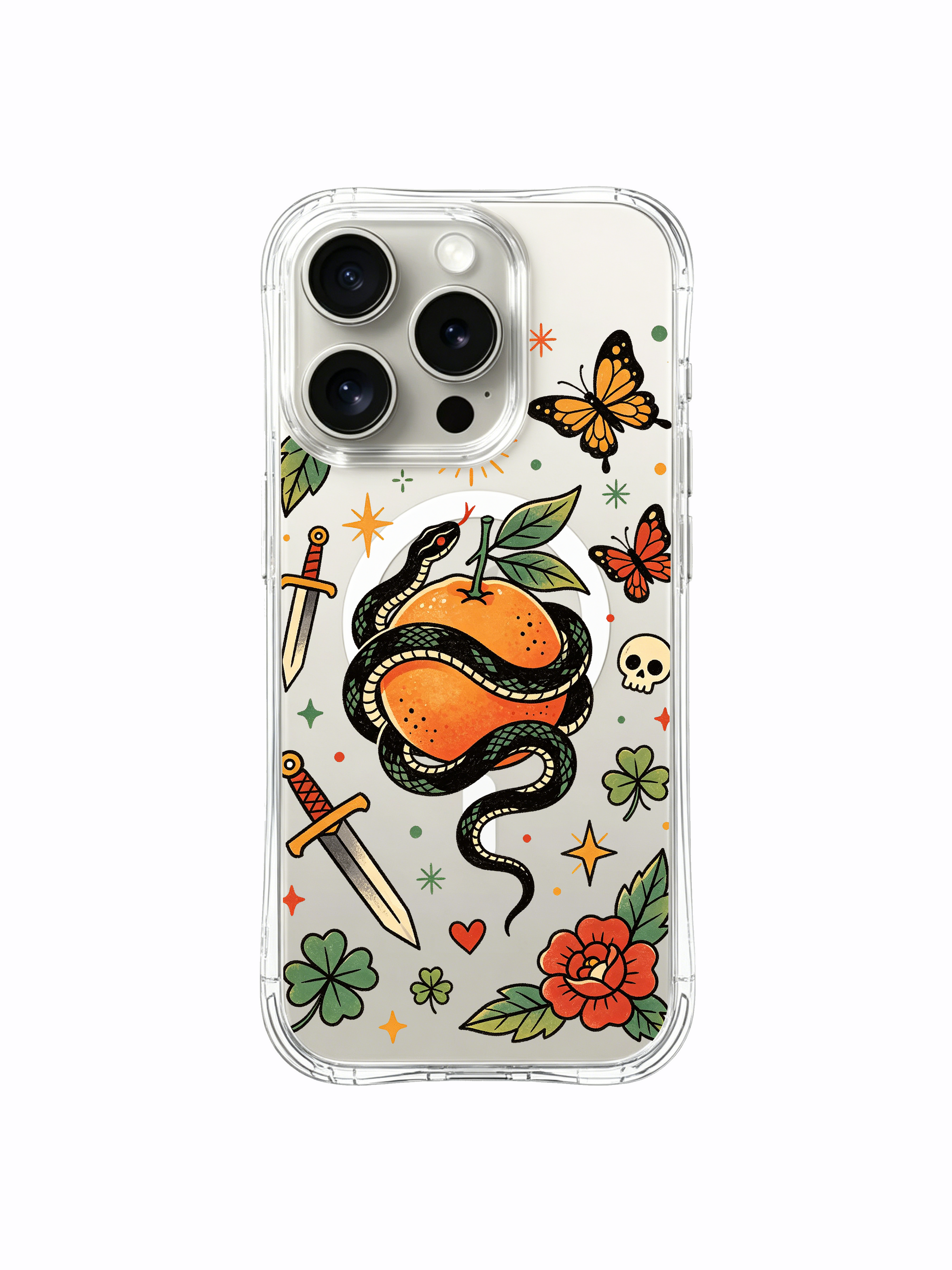 PhoneCasing iPhone 15 pro Case rounded hilt dagger, multiple scattered shamrocks, minimal star layout and full ripe orange with coiled snake, slim anti-slip fitting iPhone 15 pro casing.