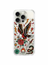 Eagle with rounded dagger, clovers and rose artwork on an iPhone 15 Pro case