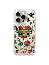 Boombox with rounded flame, swallow and clover artwork on an iPhone 15 Pro case