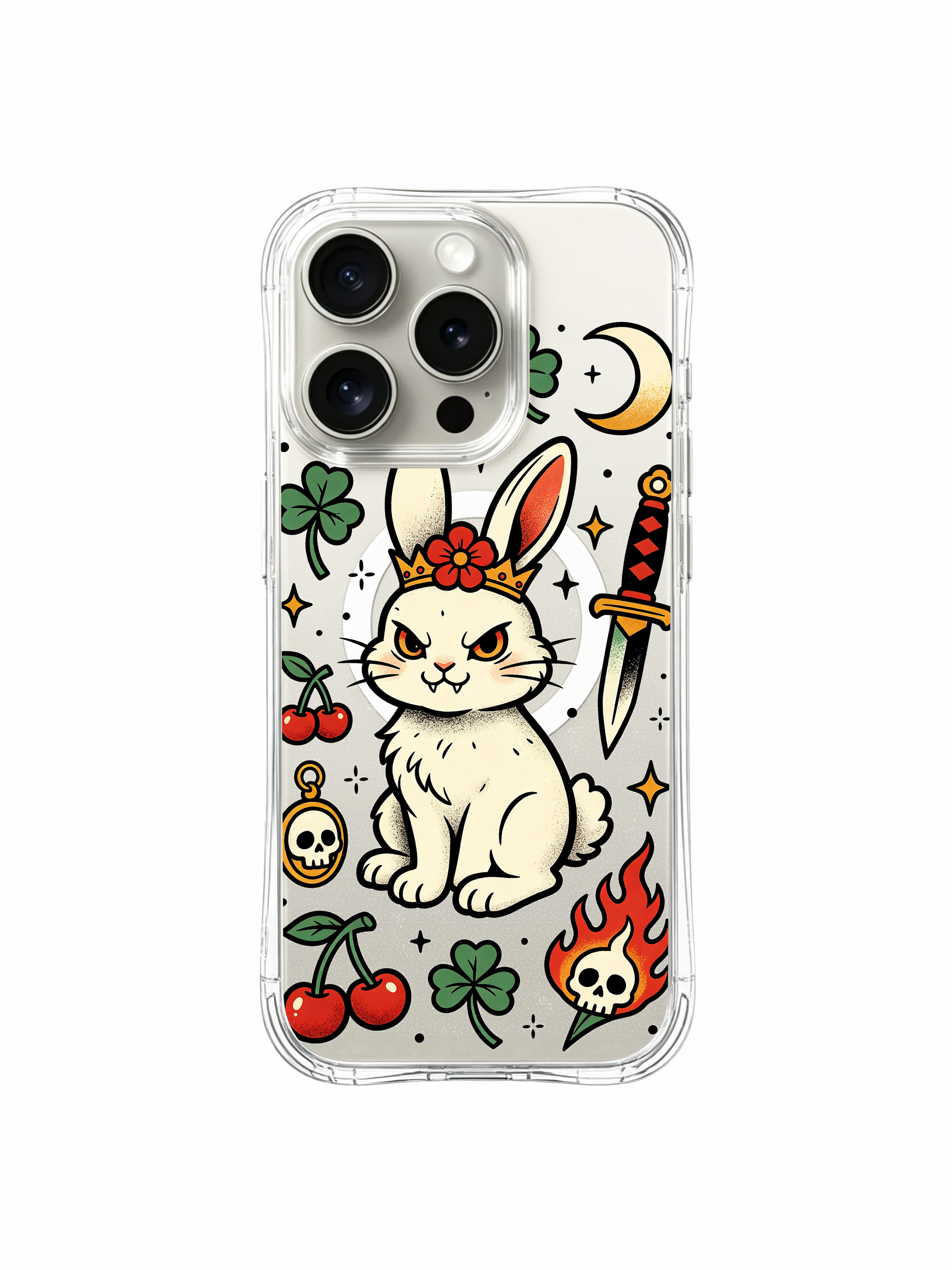 PhoneCasing iPhone 15 pro Case rounded-hilt vintage dagger design, two complete green shamrocks, minimal fire layout and full flower crown around rebel bunny, slim anti-slip fitting iPhone 15 pro casing.