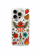 PhoneCasing iPhone 15 pro Case rounded-hilt dagger design, two complete red roses, minimal star layout and full ripe wandering heart, slim anti-slip fitting iPhone 15 pro casing.