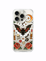 Black bat with lipstick motif and two roses artwork on an iPhone 15 Pro case