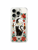 Black cat beneath rounded crescent with butterfly artwork on an iPhone 15 Pro case