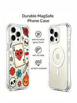 PhoneCasing iPhone 15 pro Case with rounded-edge queen heart card, oversized four-leaf clover, single skull and bottom flame, upscale wearable art casing perfect for holiday presents.