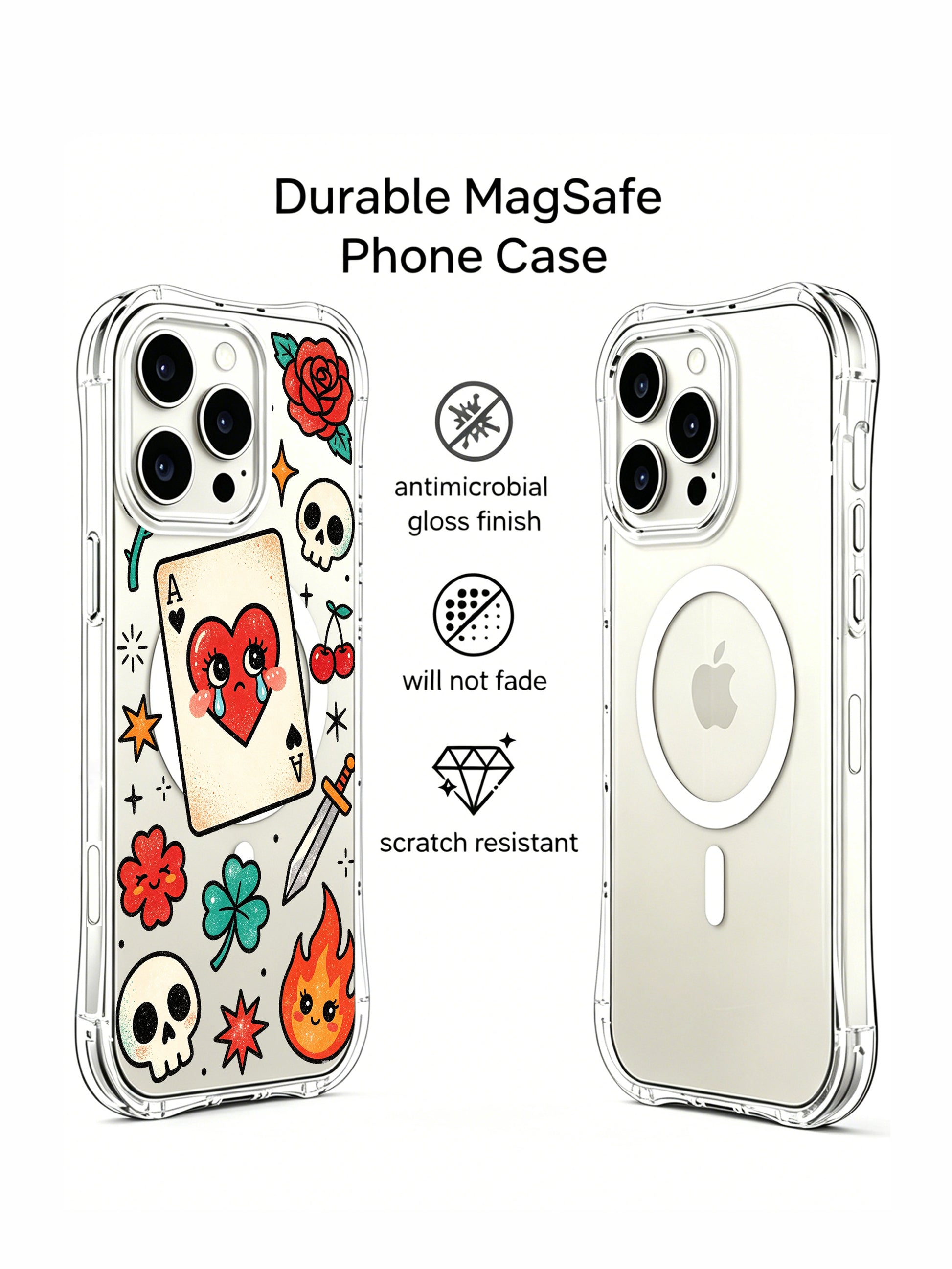 PhoneCasing iPhone 15 pro Case with rounded-edge queen heart card, oversized four-leaf clover, single skull and bottom flame, upscale wearable art casing perfect for holiday presents.