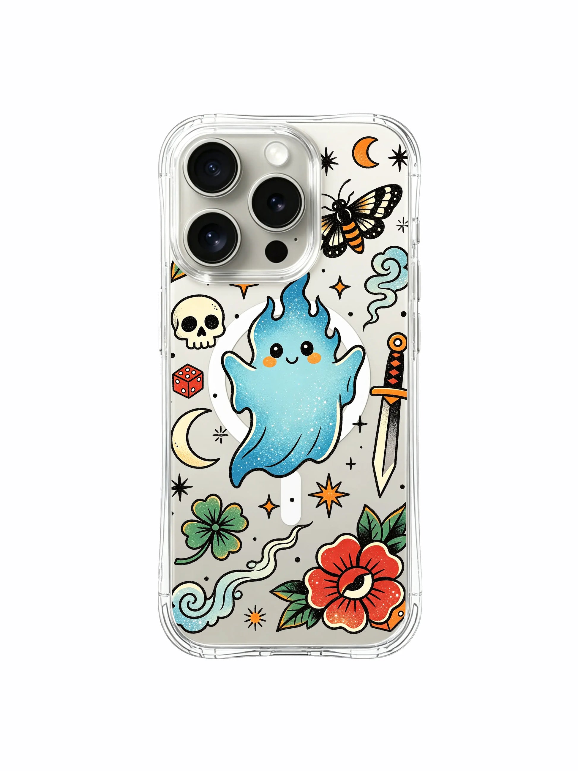 PhoneCasing iPhone 15 pro Case rounded smoke cloud design, two complete red flower blooms, minimal dagger layout and full floral surrounding cheerful ghost, slim anti-slip fitting iPhone 15 pro casing.