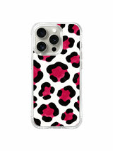 PhoneCasing x Roxy Wildhart Berry Wild White Leopard iPhone 14 Pro Case, crisp clean white base with hand-painted bold black brush outlines & juicy watercolor hot pink berry rosette cores, vibrant confident fashion artistic iPhone 14 Pro casing for bold everyday styling