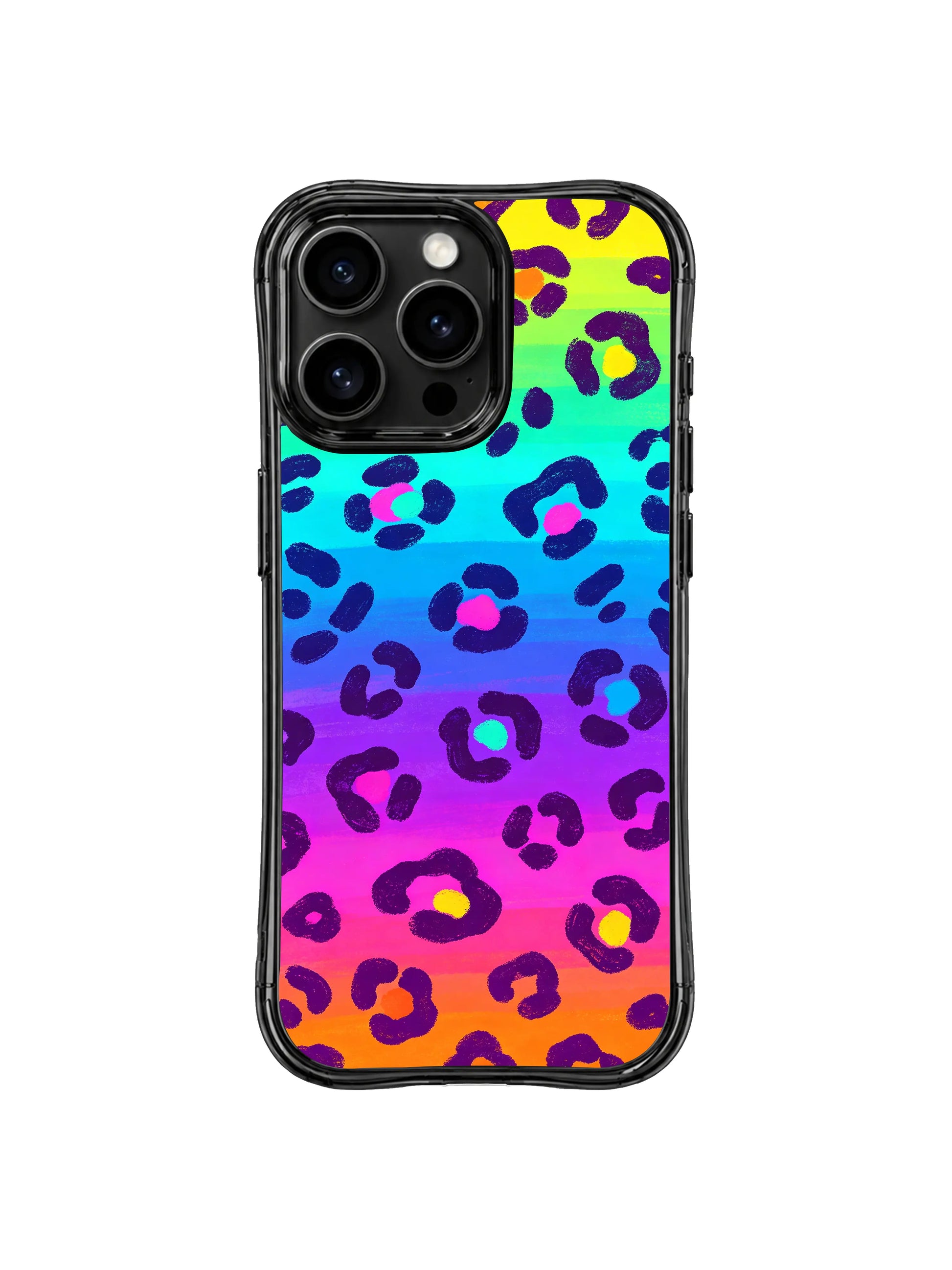 PhoneCasing x Roxy Wildhart Y2K Neon Streak Leopard iPhone 14 Pro Case, diagonal rainbow gradient stripes with textured dark purple leopard rosettes, free-spirited maximalist streetwear iPhone 14 Pro casing for teen street style outfits