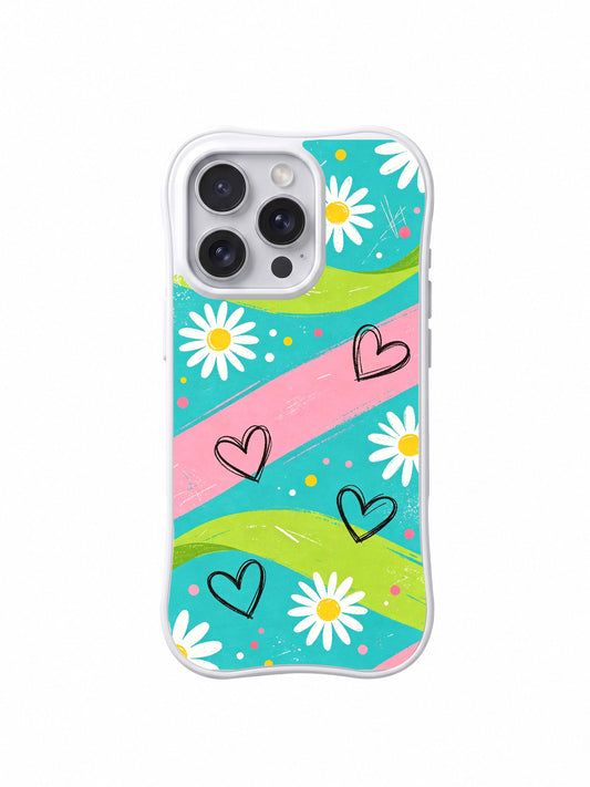 PhoneCasing iPhone 16 pro Case with wavy white frame showcasing Ruby Daze Electric Picnic Flowers fresh turquoise lime pink textured streak hand sketch daisy heart street pop illustration, premium light summer wanderlust floral casing for pastel outdoor lovers.