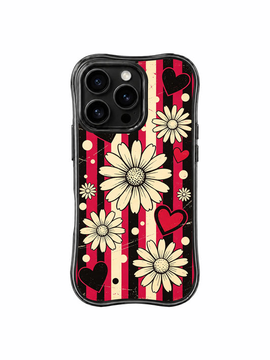 PhoneCasing iPhone 16 pro Case with wavy black frame showcasing Ruby Daze Black Cherry Daisy Beat vintage grunge cherry red black vertical stripe rhythm daisy heart dot retro rock illustration, premium confident retro floral casing for alt punk vintage lovers.
