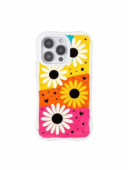 PhoneCasing iPhone 16 pro Case with soft wavy white frame featuring Ruby Daze Candy Riot Daisies bright candy color block daisy black dot heart pop illustration, premium upbeat floral casing for confident women.
