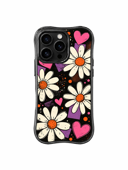 PhoneCasing iPhone 16 pro Case with wavy curved frame featuring Ruby Daze Midnight Daisy Pulse retro grunge daisy and pink heart illustration, premium artist floral casing for women.