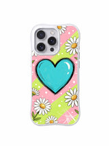 PhoneCasing iPhone 16 pro Case with wavy white frame showcasing Ruby Daze Pastel Daisy Heart Sketch hand drawn marker pink lime diagonal stripe polka dot giant cyan heart white daisy sweet kawaii illustration, premium soft cheerful pastel floral casing for cute doodle lovers.