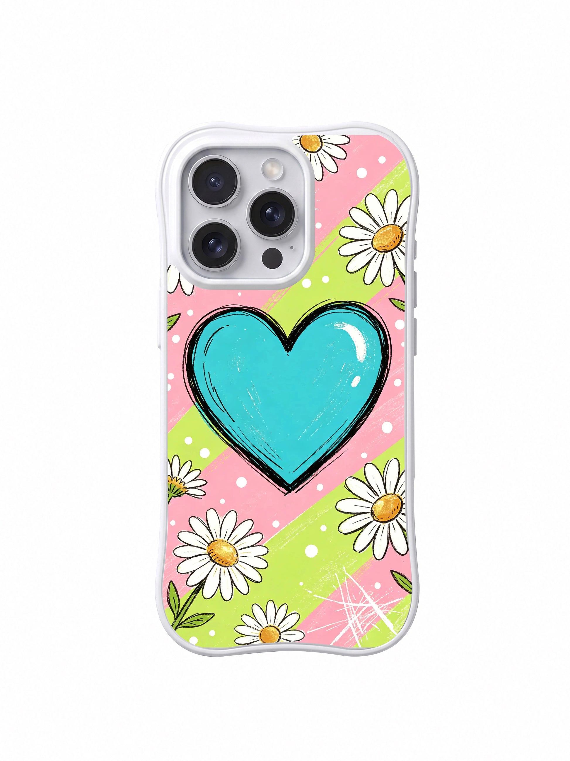 PhoneCasing iPhone 16 pro Case with wavy white frame showcasing Ruby Daze Pastel Daisy Heart Sketch hand drawn marker pink lime diagonal stripe polka dot giant cyan heart white daisy sweet kawaii illustration, premium soft cheerful pastel floral casing for cute doodle lovers.