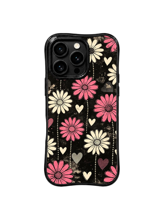PhoneCasing iPhone 16 pro Case with wavy curved frame featuring Ruby Daze Pink Static Garden retro grunge vertical blush pink & cream daisy dotted heart illustration, premium street floral casing for bold women.