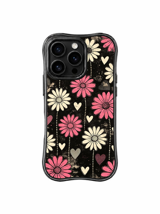 PhoneCasing iPhone 16 pro Case with wavy curved frame featuring Ruby Daze Pink Static Garden retro grunge vertical blush pink & cream daisy dotted heart illustration, premium street floral casing for bold women.