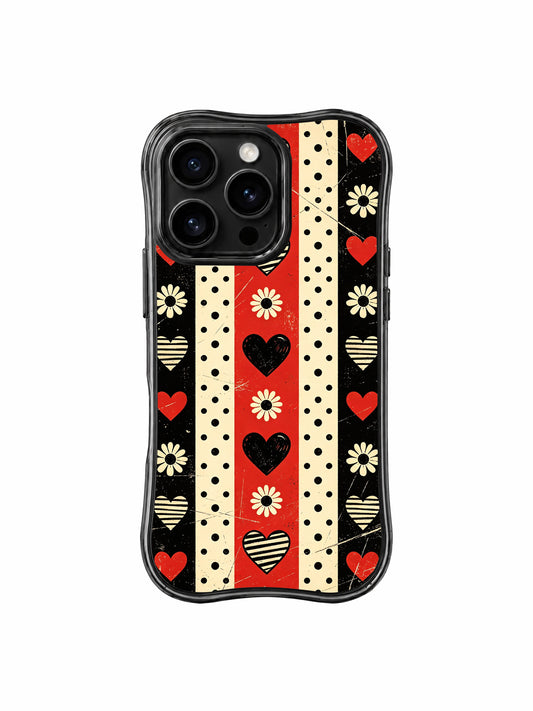 PhoneCasing iPhone 16 pro Case with wavy black frame showcasing Ruby Daze Punk Daisy Checker Love retro punk college distressed grain red black cream stripe polka dot striped solid heart vintage daisy grunge illustration, premium fierce sweet-edgy dark academia floral casing for alternative punk lovers.