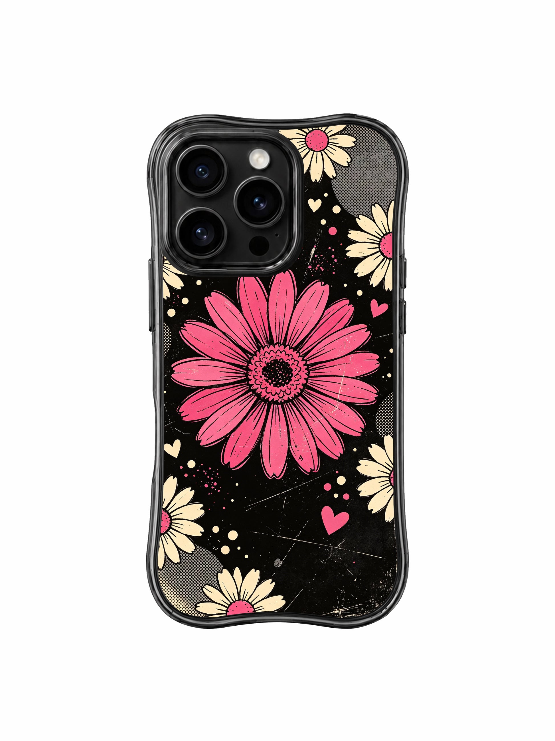 PhoneCasing iPhone 16 pro Case with wavy black frame showcasing Ruby Daze Raspberry Daisy Collage vintage spotlight oversized raspberry pink daisy cream small flower heart dot collage illustration, premium sweet confident romantic floral casing for pink aesthetic lovers.
