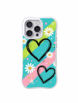 PhoneCasing iPhone 16 pro Case with soft wavy black frame featuring Ruby Daze Red Stripe Daisy Signal hand-drawn diagonal mint pink lime stripe sketch heart cream daisy punk illustration, premium bold high-impact floral casing for fearless women.