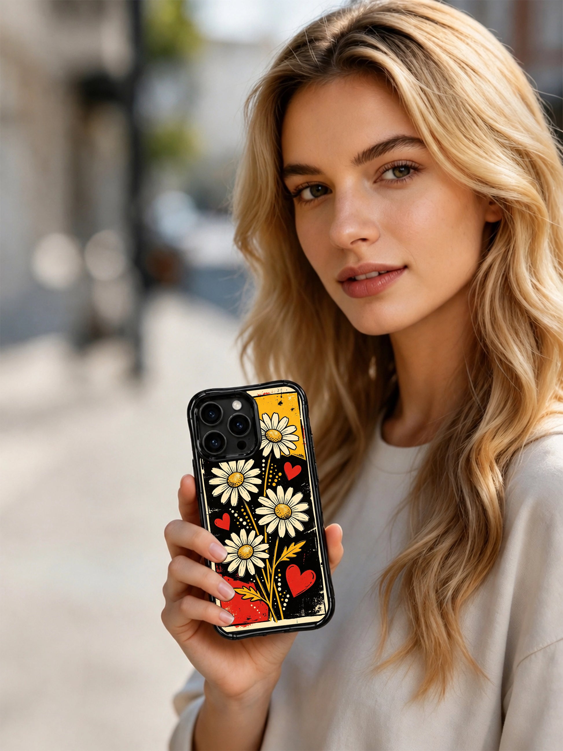 PhoneCasing iPhone 16 pro Case with wavy black frame showcasing Ruby Daze Sunflower Punk Daisies retro grunge red black yellow split block golden sunflower daisy scarlet heart dot punk illustration, premium bold attitude floral casing for punk aesthetic lovers.