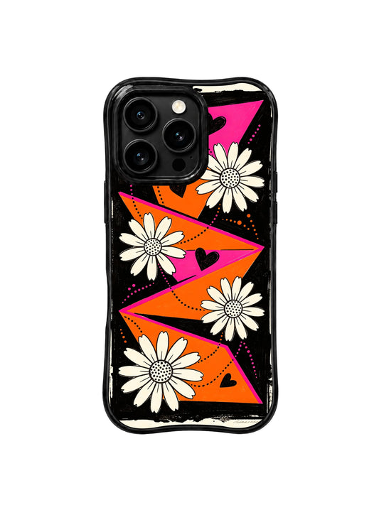 PhoneCasing iPhone 16 pro Case with wavy black frame showcasing Ruby Daze Wild Orange Daisy Map vintage travel geographic collage dotted route cream daisy black heart illustration, premium wanderlust floral casing for adventure lovers.