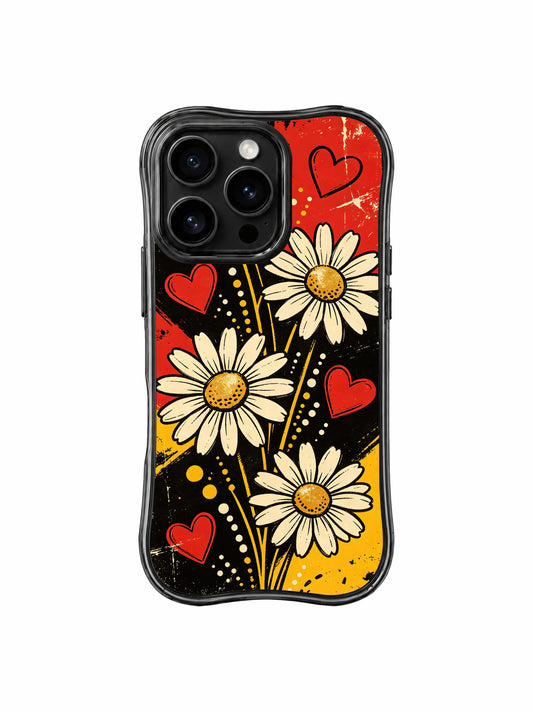 PhoneCasing iPhone 16 pro Case with wavy black frame showcasing Ruby Daze Wild Orange Daisy Map vintage travel geographic collage dotted route cream daisy black heart illustration, premium wanderlust floral casing for adventure lovers.