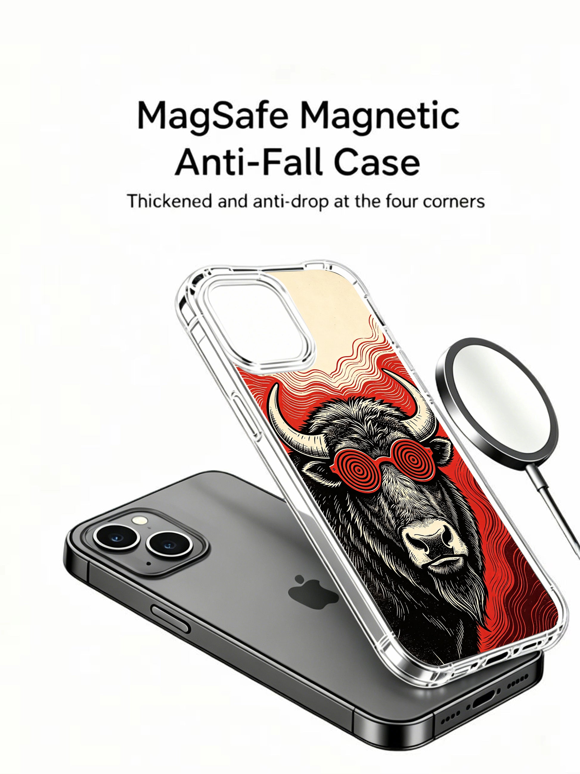 Hypnotic red crimson wave backdrop bison design by Rufus Vale on PhoneCasing iPhone 13 Case, gallery-quality printed premium art phone case from California.