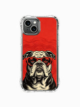 Red-lens bulldog in a vintage rock style artwork on an iPhone 13 case