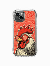 Red-lens rooster in a psychedelic rock style artwork on an iPhone 13 case