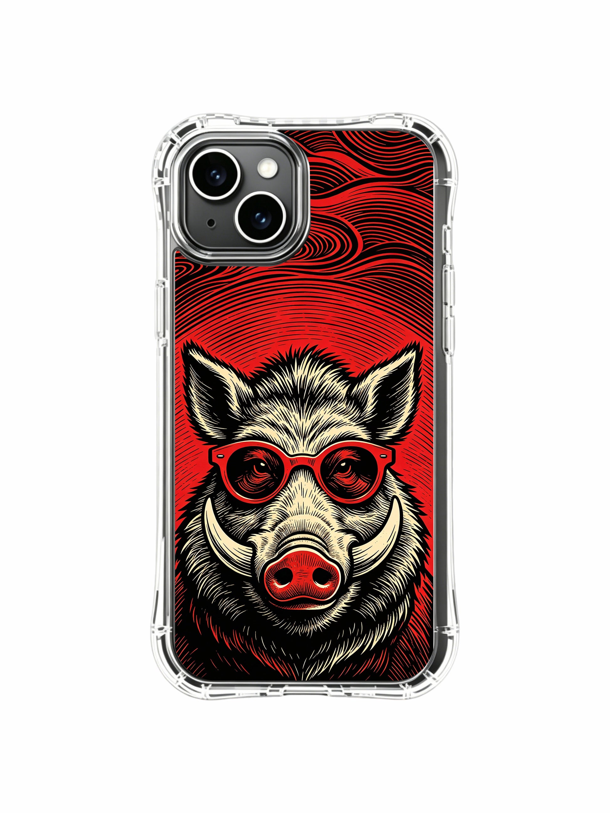 Tough stylish underground rock festival wild boar artwork with red tint glasses by Rufus Vale decorates PhoneCasing iPhone 13 Case, limited gallery wearable art phone casing handmade in California art studio for alternative art collectors.