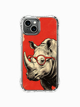 Vintage-poster red-lens rhinoceros on an iPhone 13 case
