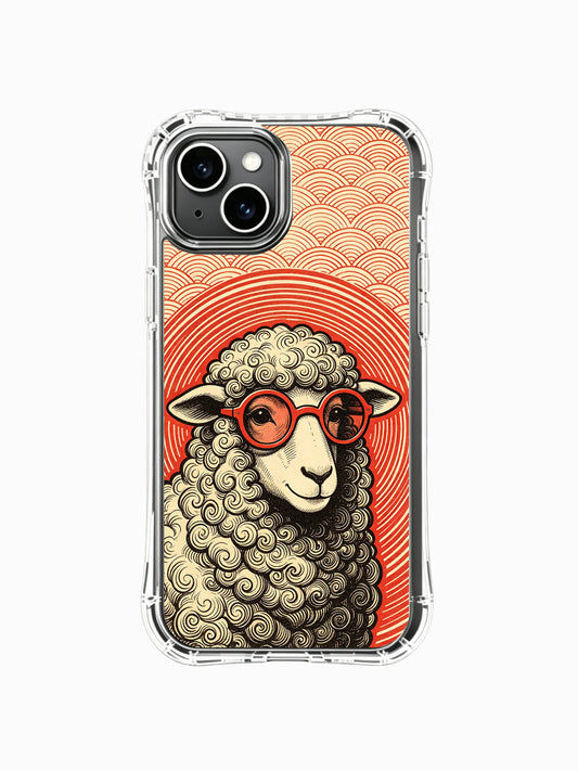 Psychedelic poet style red lens curly wool sheep artwork by Rufus Vale decorates PhoneCasing iPhone 13 Case, limited gallery wearable art phone casing handcrafted inside California studio for retro woodcut & 60s trippy art collectors.