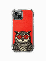 Featured red-lens owl on a red wave background with a clear-looking case frame