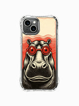 Psychedelic wave background red spiral lens hippo artwork by Rufus Vale decorates PhoneCasing iPhone 13 Case, limited gallery wearable art phone casing UV-printed inside California studio for retro poster & trippy art collectors.