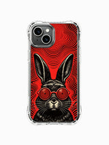 Artwork of antenna-eared black rabbit with rotating red spiral lenses by Rufus Vale decorates PhoneCasing iPhone 13 Case, limited gallery-grade wearable art made in California production facility for art collector women.
