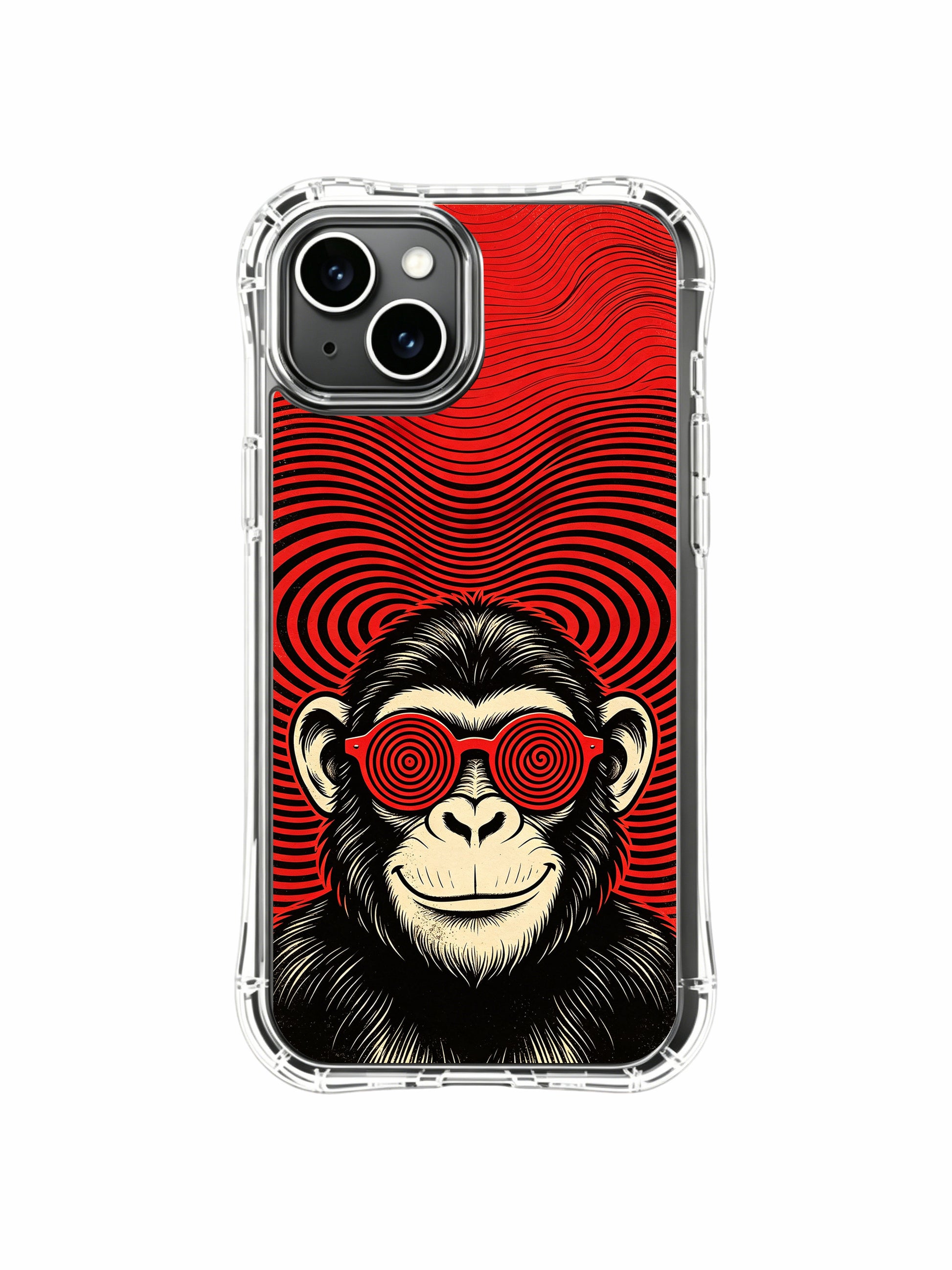 Psychedelic prankster monkey with red spiral eyewear artwork by Rufus Vale decorates PhoneCasing iPhone 13 Case, limited gallery wearable art phone casing handcrafted inside California studio for retro woodcut & 60s trippy art collectors.