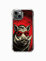 Red-wave wild boar portrait with round lenses artwork on an iPhone 13 case