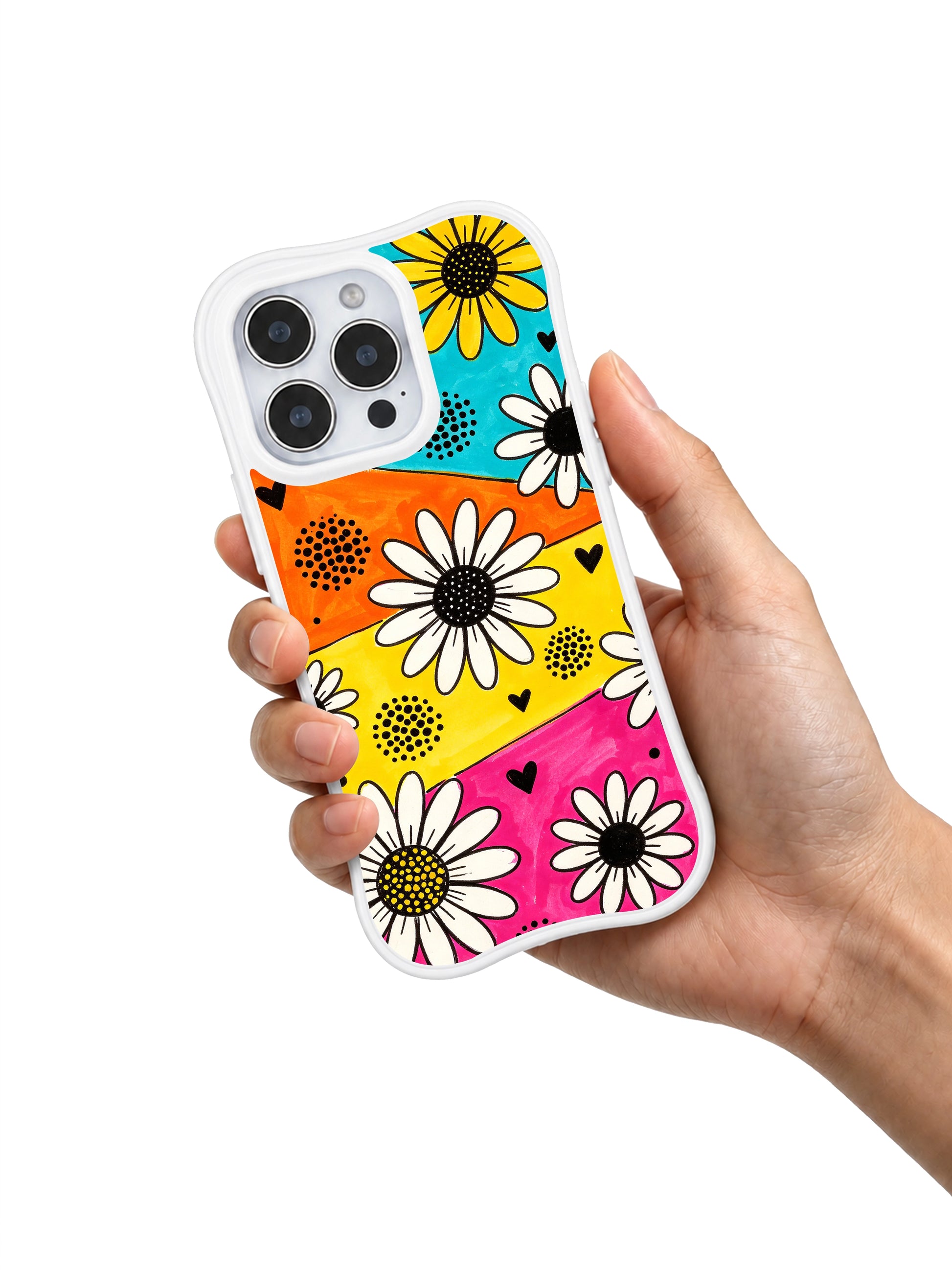 PhoneCasing iPhone 16 pro Case with bright multi-hued slanted color block canvas layered thick hand-drawn black marker daisy silhouettes, Ruby Daze Daisy Love Carnival artist-designed wavy casing for bold expressive feminine style.