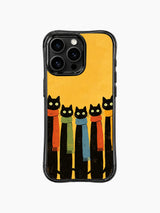 PhoneCasing iPhone 16 Pro Max showcasing Scarf-Adorned Black Cats, five kitties in colorful scarves against a warm golden background.
