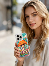 Colorful dots across a mushroom dreamscape artwork on an iPhone 16 Pro Max case