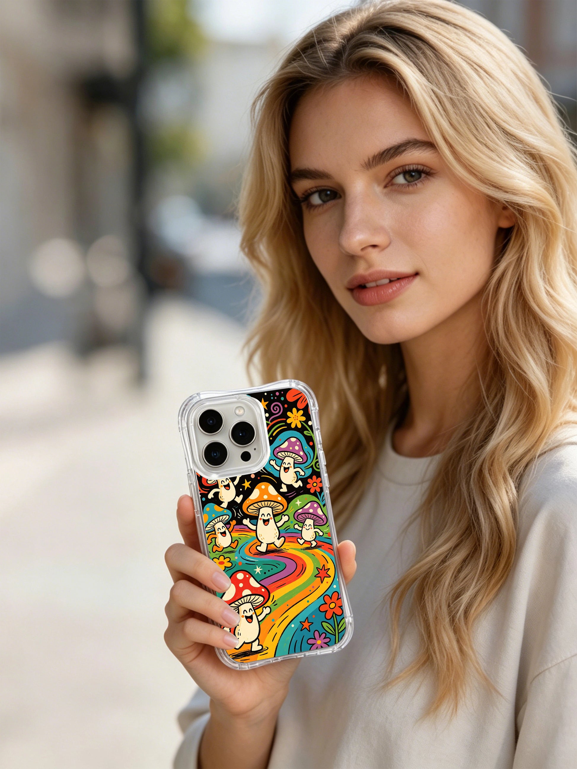 PhoneCasing iPhone 16 pro max Case, collectible fine art casing filled with vibrant confetti dots across grassy ground amid a full mushroom spring dance celebration, premium USA printed long-lasting wearable casing