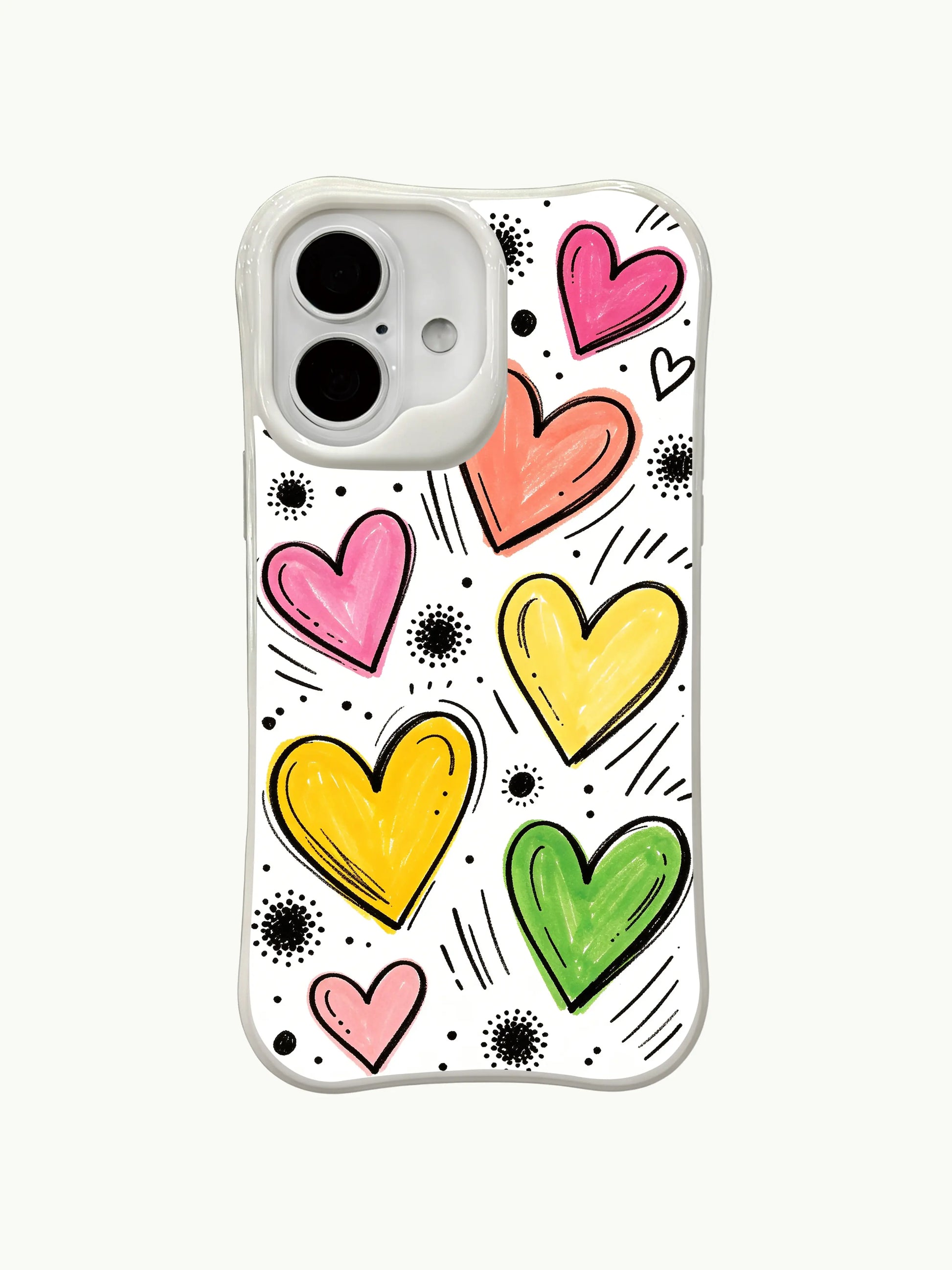 PhoneCasing scattered heart doodles iPhone 16 plus case, randomly arranged hand-drawn hearts with decorative dot bursts, MagSafe compatible.