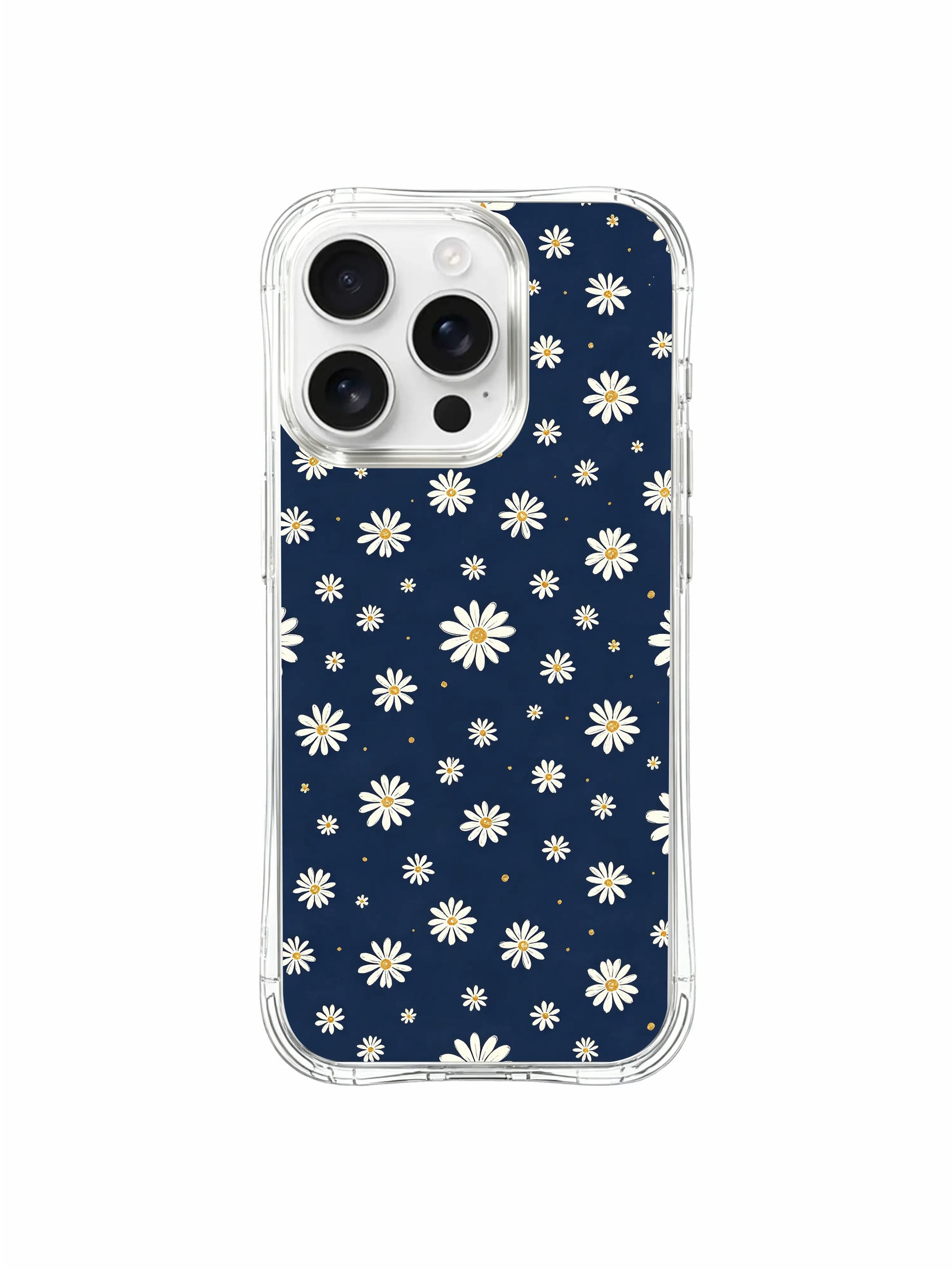 PhoneCasing iPhone 16 Pro Max Case with Scattered Night Notes design, tiny daisies on deep indigo that feel like small, tender secrets.
