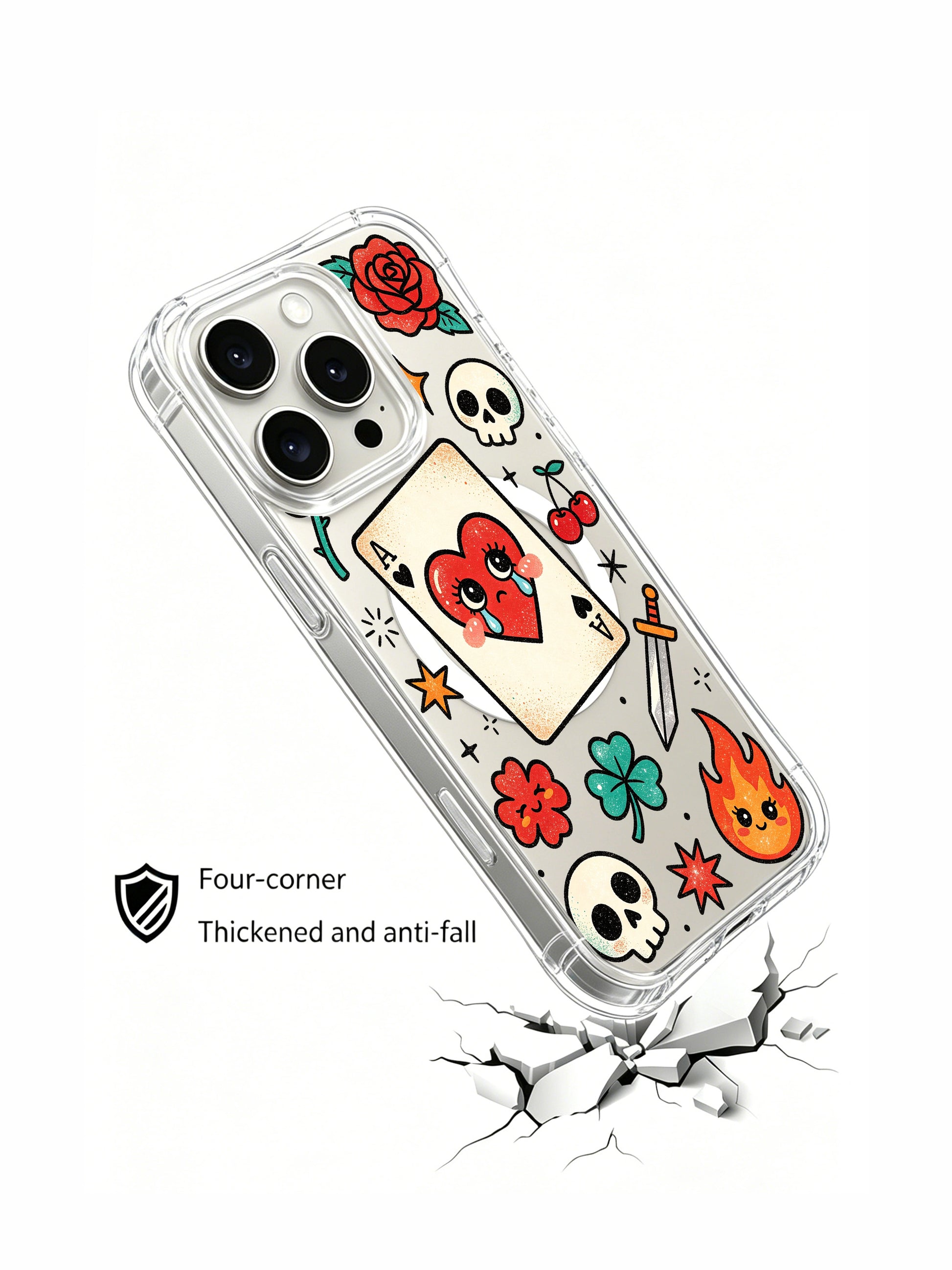 PhoneCasing iPhone 15 pro Case full scattered star layout, sparse cherry arrangement, weeping queen heart and dual rose print, scratch-proof transparent protective iPhone 15 pro casing.