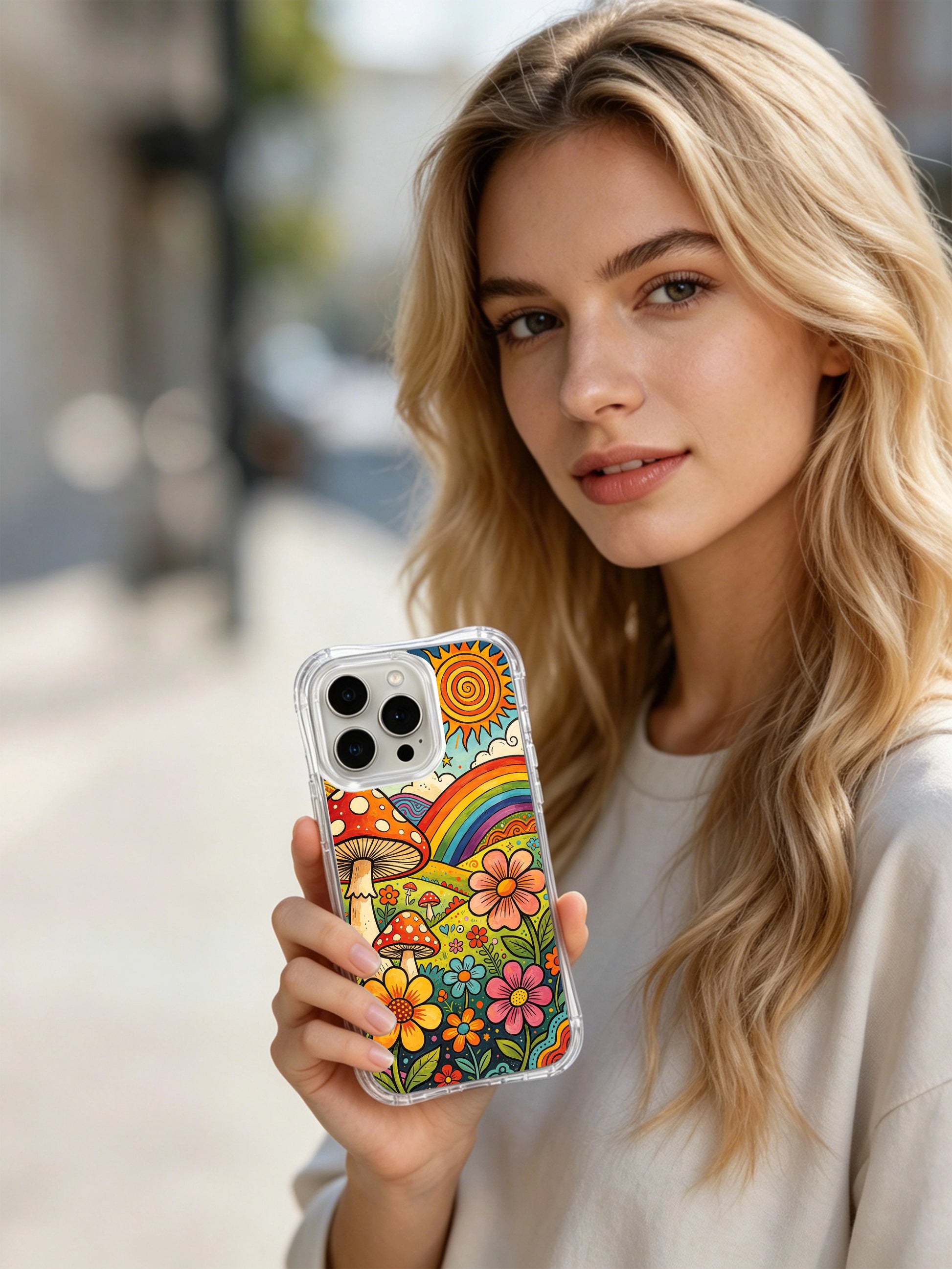 PhoneCasing iPhone 16 pro max Case, collectible fine art casing dotted with tiny golden star flecks across undulating green hillside, seamless fusion of blossom foliage and spotted mushroom caps across entire fantasy valley, premium USA printed long-lasting wearable casing