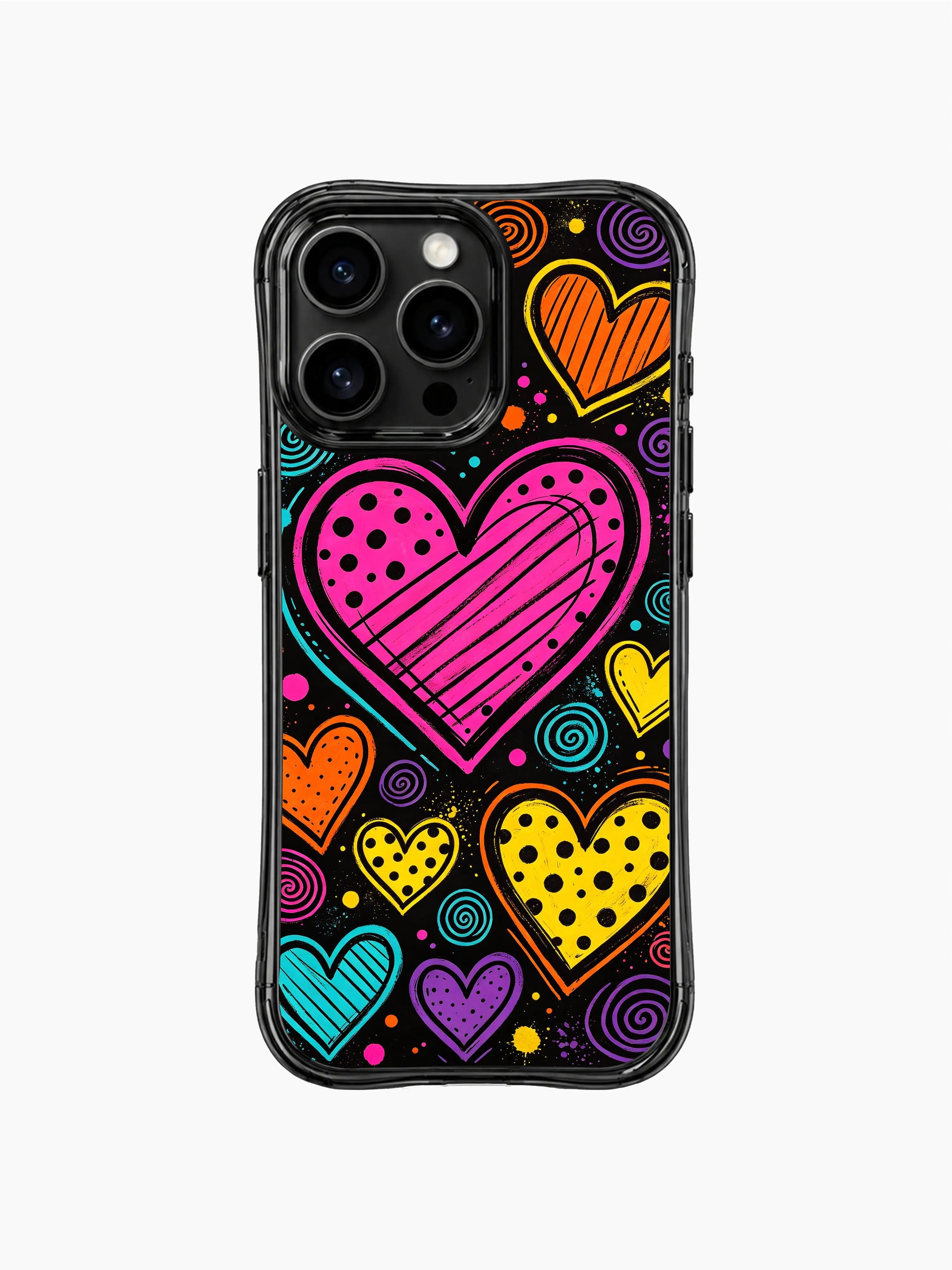 PhoneCasing iPhone 13 Pro Max case with scattered vibrant multi-shape doodle hearts across dark background, eye-catching pop art protective casing.