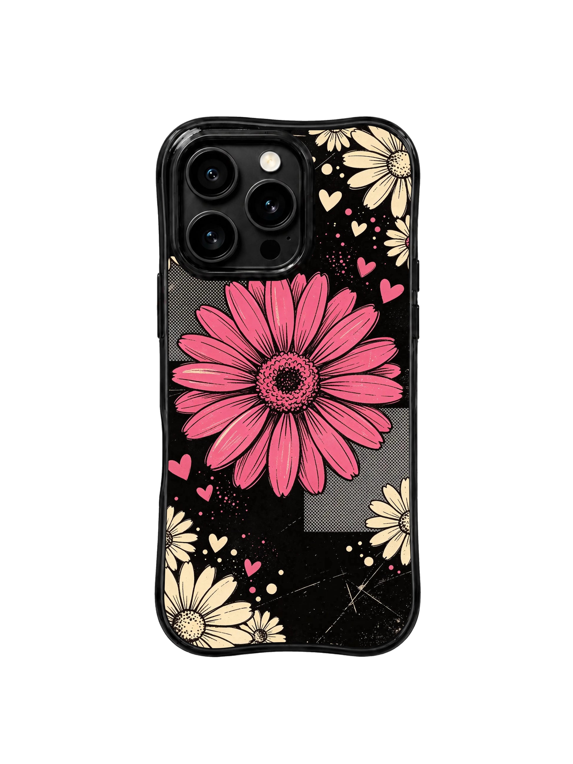 PhoneCasing iPhone 16 pro Case with rough scratched vintage poster grunge grain, faint halftone square patches and uneven hand-drawn flower outlines, exclusive Ruby Daze artwork, scratch resistant phone protection.